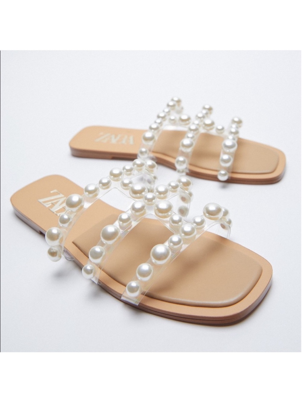 Zara Nude Pearl-Embellished Clear Strap Slide Sandals Women’s Size 39